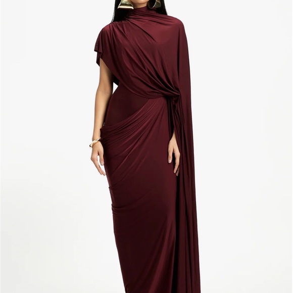 Draped One-Shoulder Maxi Dress in Burgundy
